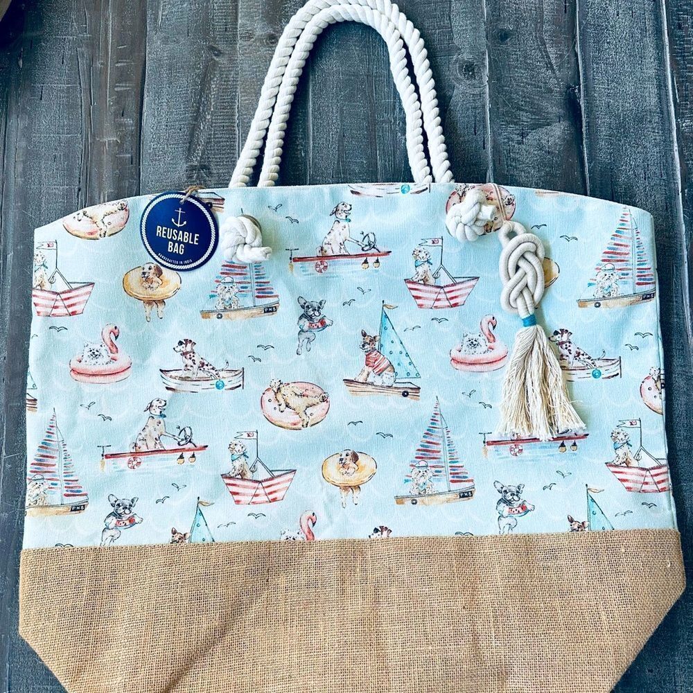 Large Nautical Ocean Dogs Print Canvas Burlap Beach Tote Bag